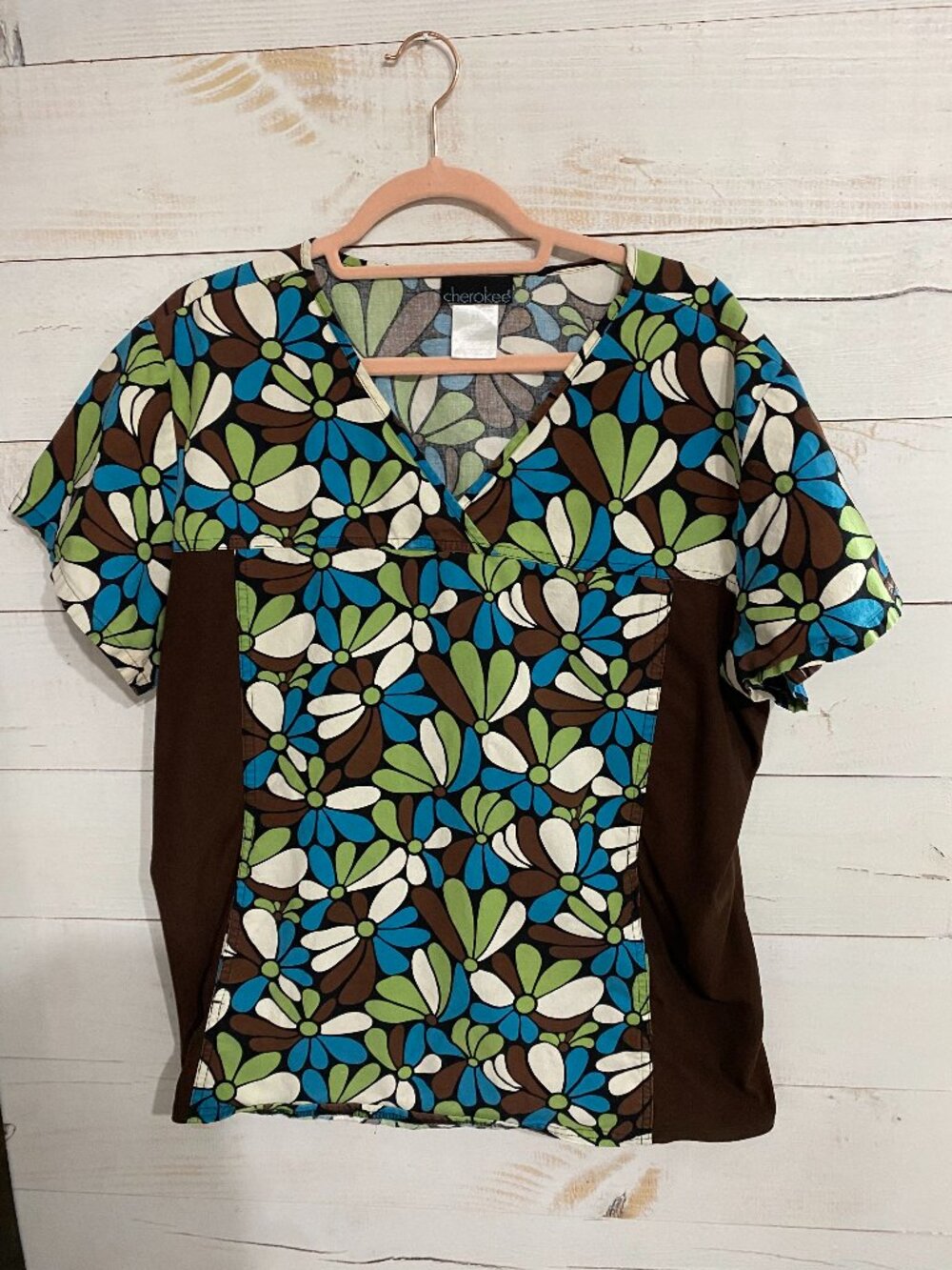 Cherokee Floral Flexible Mock Wrap Scrub Top V-Neck Teal Brown Green Womens XL